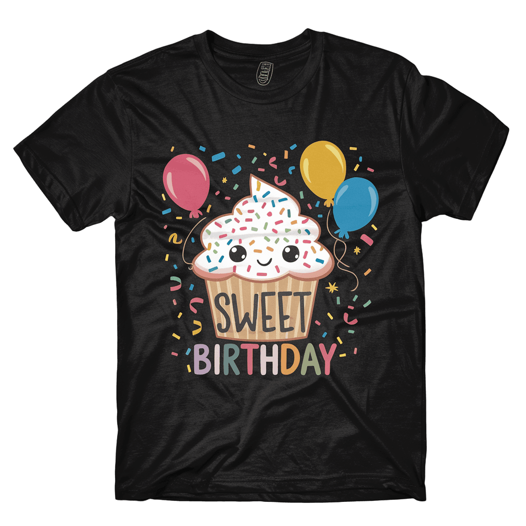 cute cupcake illustration with text "SWEET BIRTHDAY" colorful celebration, on black background, t-shirt design