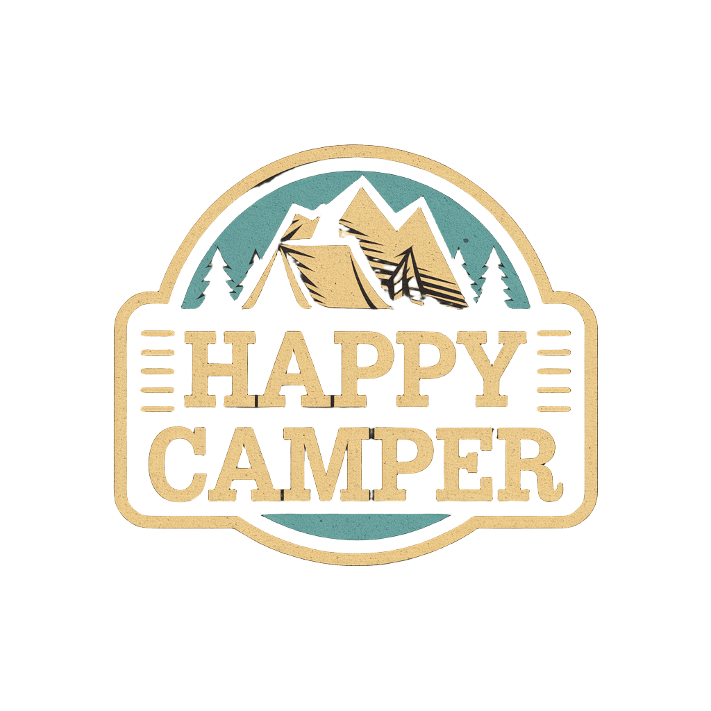 retro badge reading "HAPPY CAMPER" with mountain and tent illustration, vintage outdoor style, on black background, t-shirt design