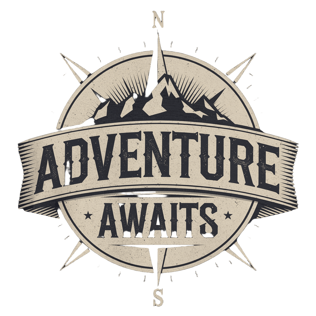vintage emblem reading "ADVENTURE AWAITS" with compass rose and mountains, distressed texture, on black background, t-shirt design
