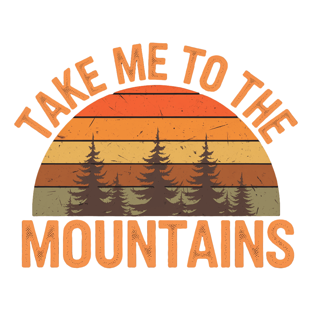 retro sunset with pine trees and text "TAKE ME TO THE MOUNTAINS" vintage 70s colors, on black background, t-shirt design