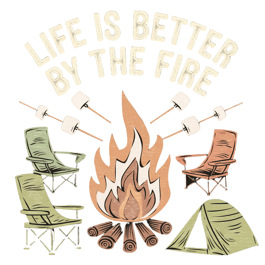 campfire illustration with text "LIFE IS BETTER BY THE FIRE" cozy camping style, on black background, t-shirt design