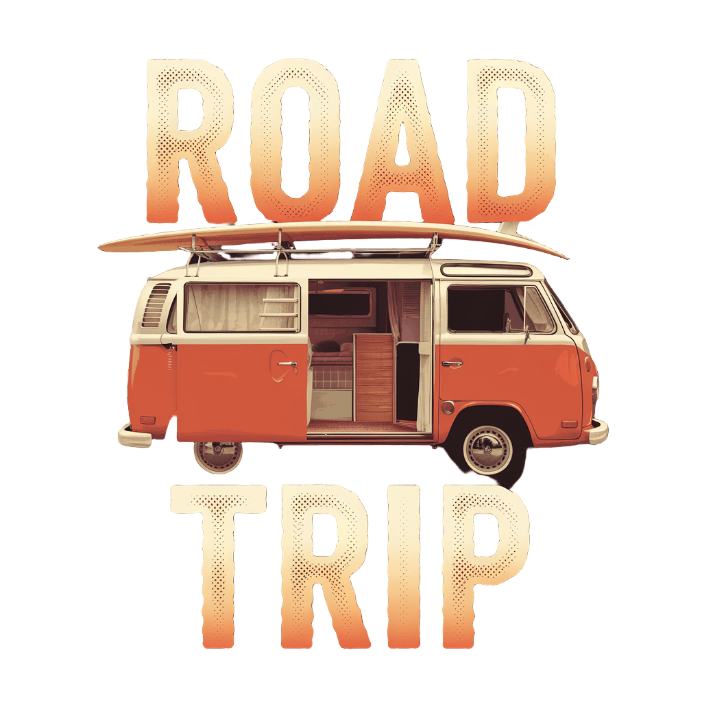 retro camper van with surfboard and text "ROAD TRIP" vintage travel poster style, on black background, t-shirt design