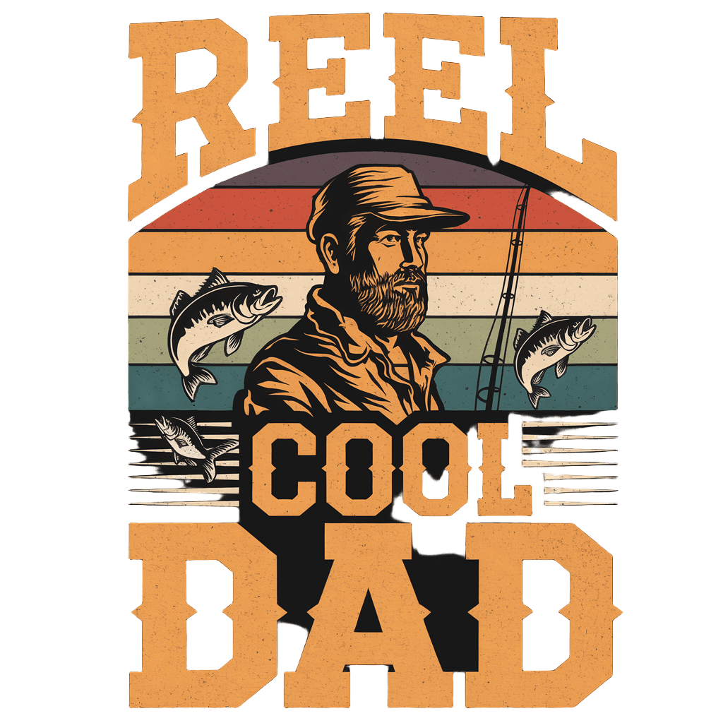 vintage fishing badge reading "REEL COOL DAD" with fish and rod illustration, on black background, t-shirt design