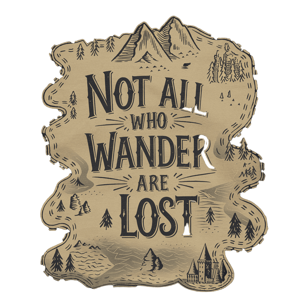 hand-drawn style map with text "NOT ALL WHO WANDER ARE LOST" adventure typography, on black background, t-shirt design