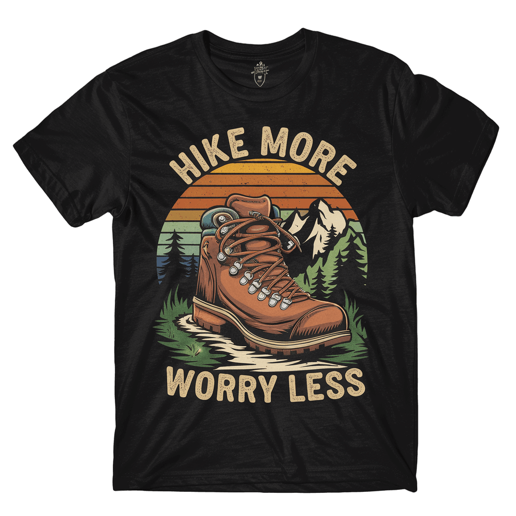 retro hiking boots illustration with text "HIKE MORE WORRY LESS" vintage style, on black background, t-shirt design