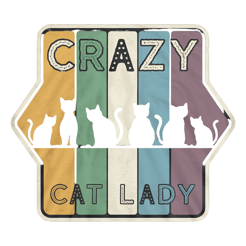 vintage badge reading "CRAZY CAT LADY" with cute cat silhouettes, retro emblem style, on black background, t-shirt design