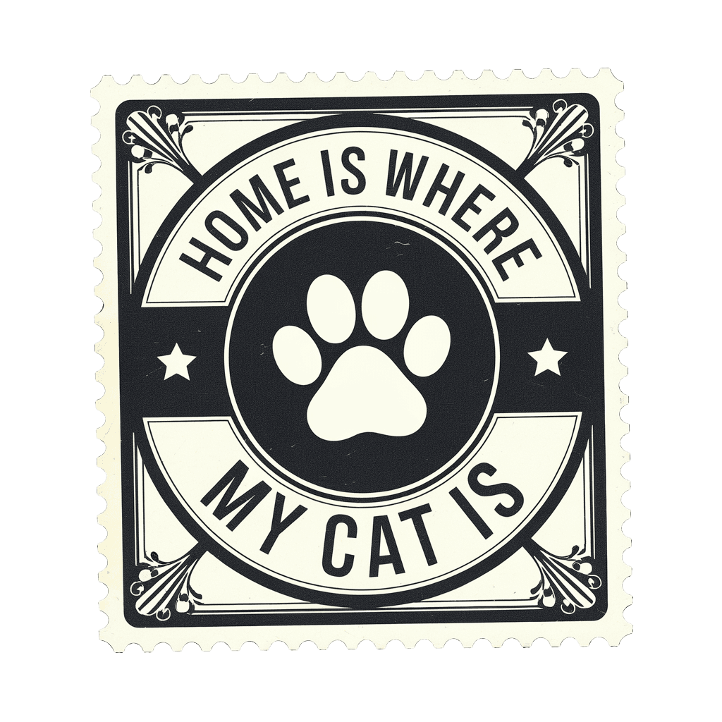 vintage stamp reading "HOME IS WHERE MY CAT IS" with paw print, retro emblem, on black background