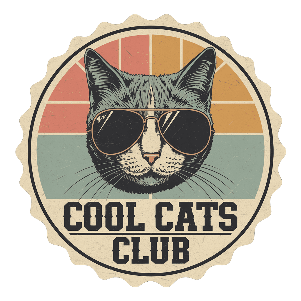 retro style with cat wearing sunglasses and text "COOL CATS CLUB" vintage badge, on black background, t-shirt design