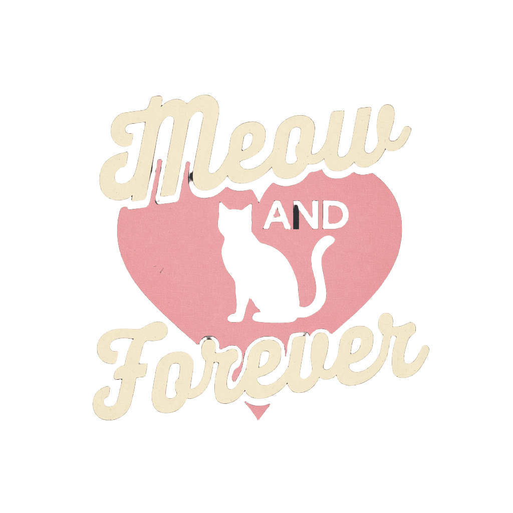 vintage badge reading "MEOW AND FOREVER" with cat silhouette heart, retro romantic, on black background