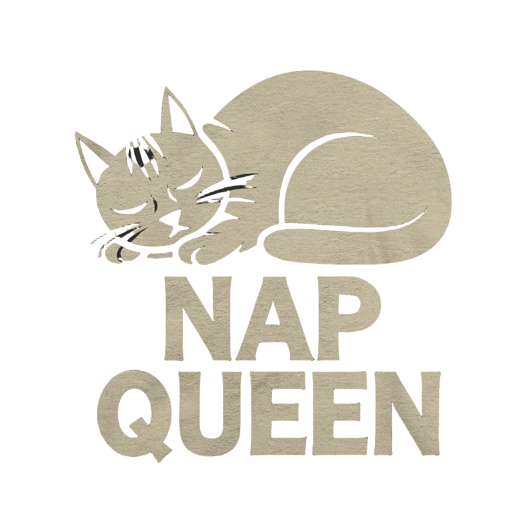 minimalist sleeping cat with text "NAP QUEEN" simple clean design, on black background, t-shirt graphic