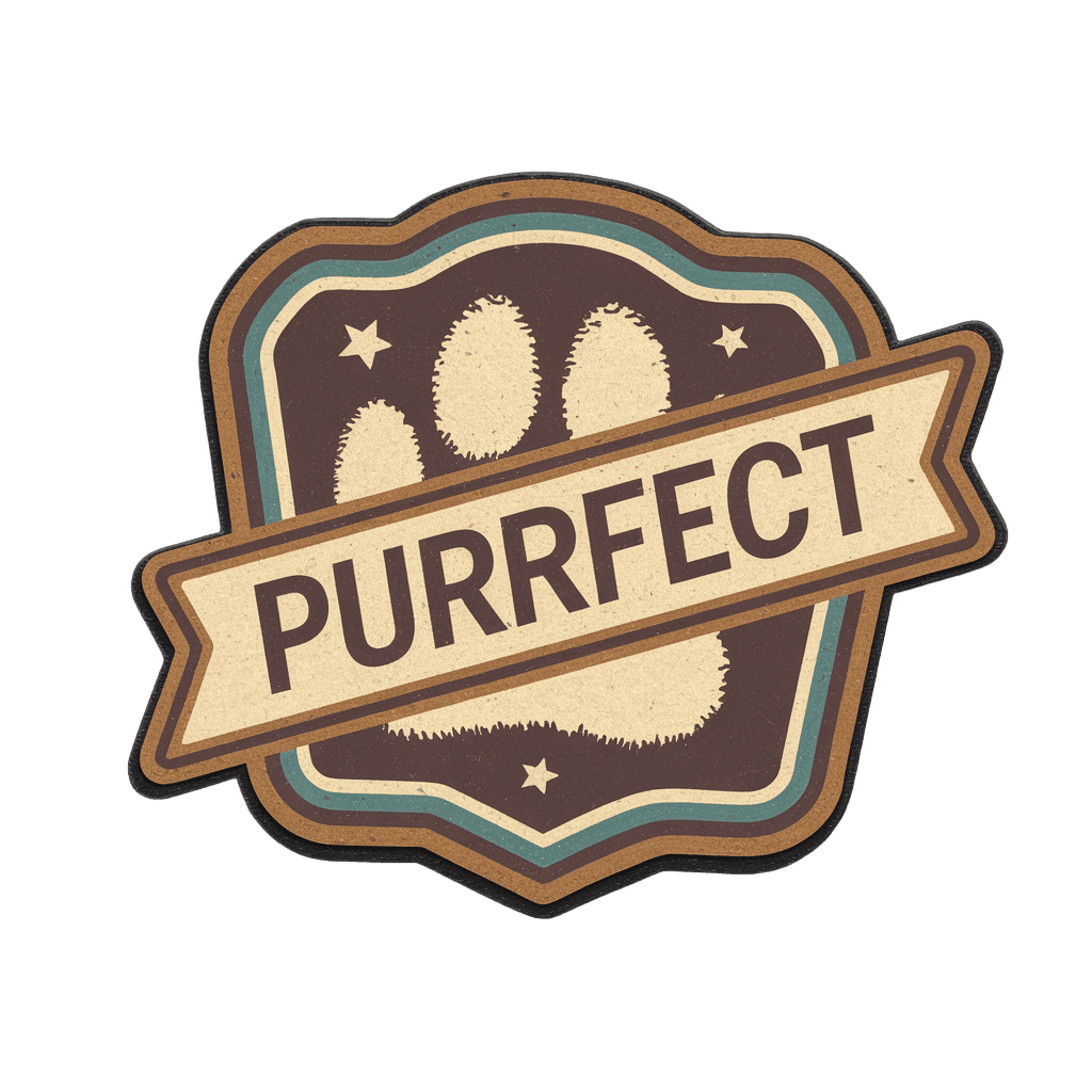 vintage badge reading "PURRFECT" with cat paw print, retro emblem style, on black background