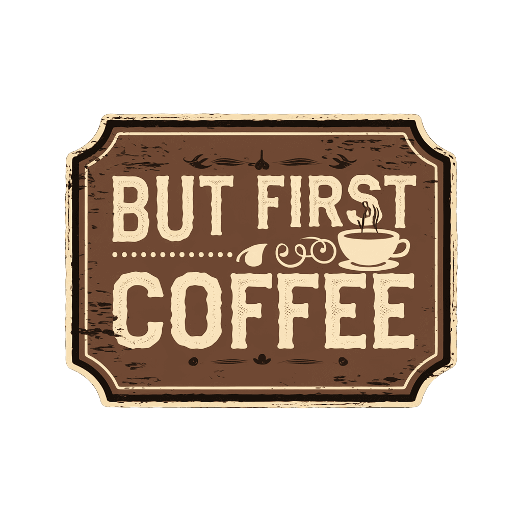 vintage badge design reading "BUT FIRST COFFEE" with steaming cup illustration, retro distressed texture, warm colors, on black background, t-shirt design