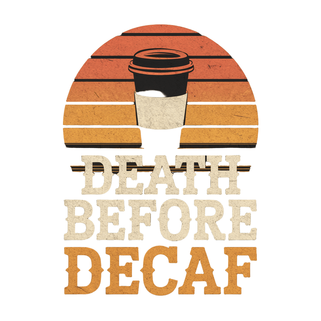 retro sunset style with coffee cup silhouette and text "DEATH BEFORE DECAF" bold vintage font, on black background