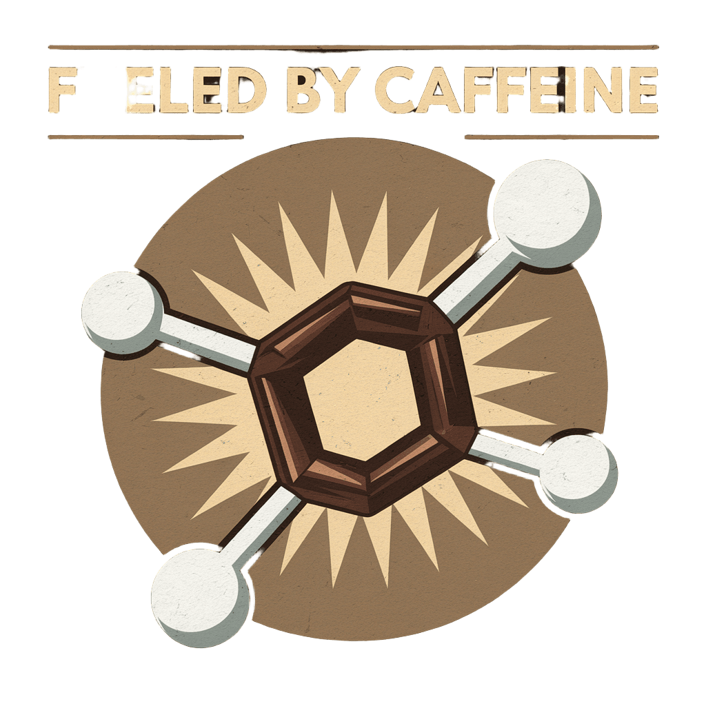 retro chemistry diagram style with coffee molecule and text "FUELED BY CAFFEINE" science humor, on black background