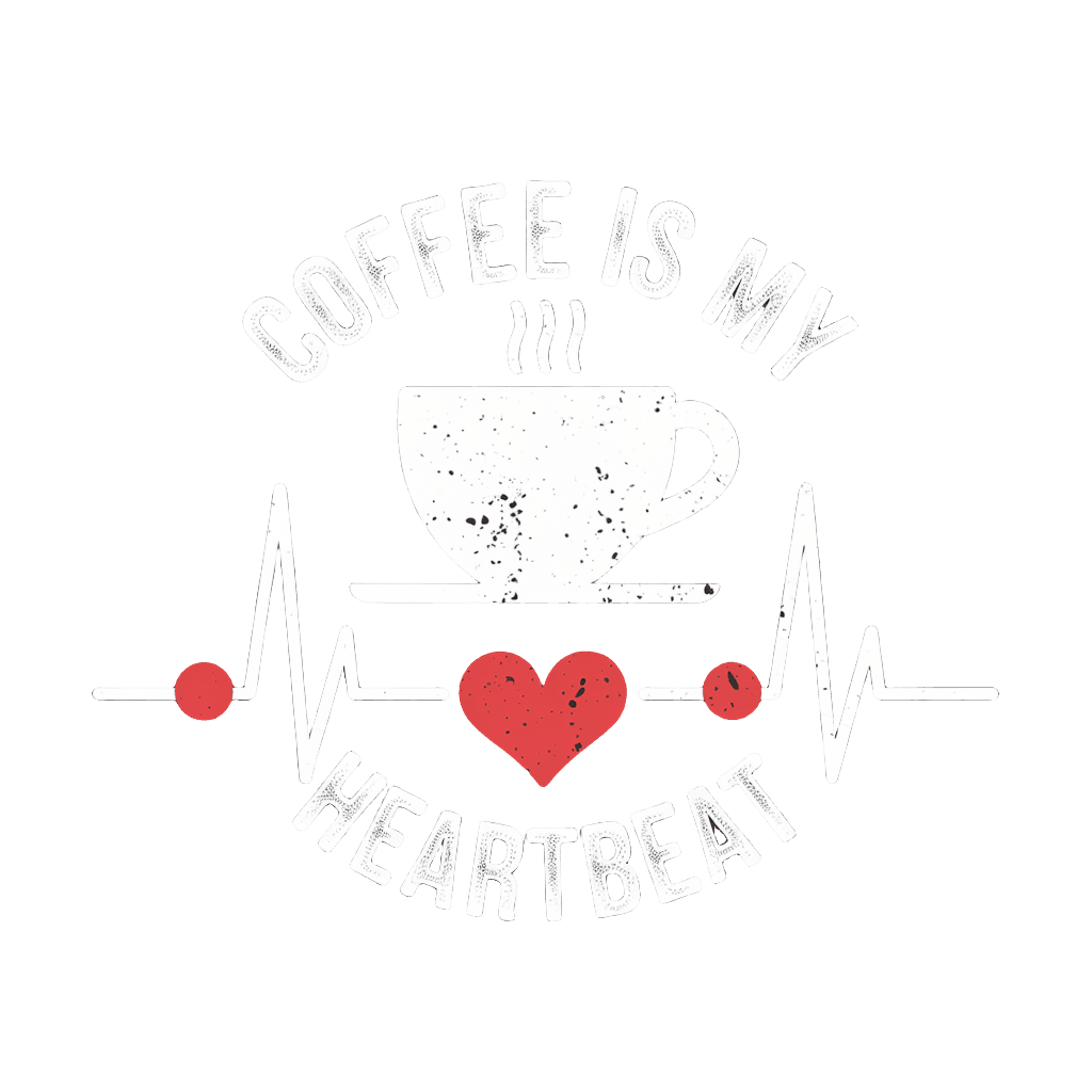 minimalist design with coffee cup heartbeat line and text "COFFEE IS MY HEARTBEAT" on black background