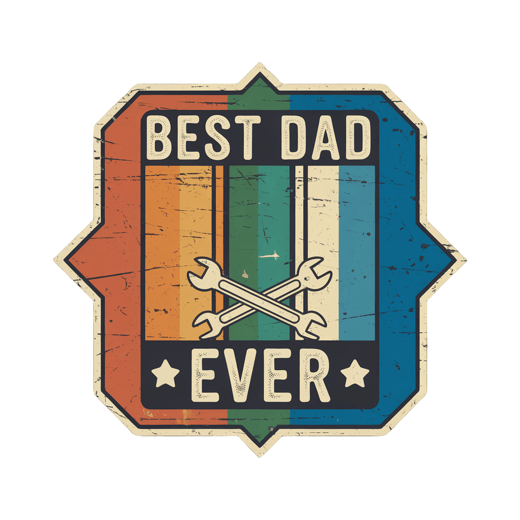 retro vintage badge design reading "BEST DAD EVER" with tools and wrench illustration, classic emblem, on black background, t-shirt design
