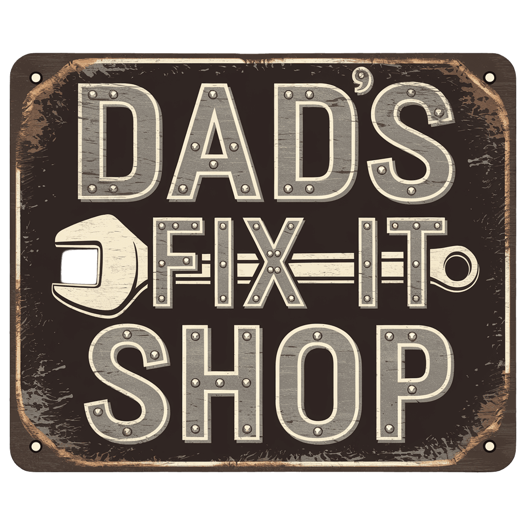 vintage garage sign style reading "DADS FIX IT SHOP" with wrench icon, retro metal sign, on black background, t-shirt design