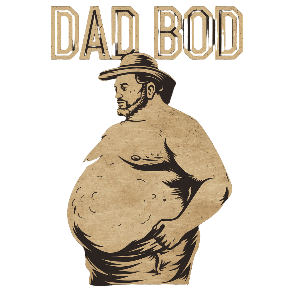 bold retro text reading "DAD BOD" with beer belly silhouette, funny vintage style, on black background