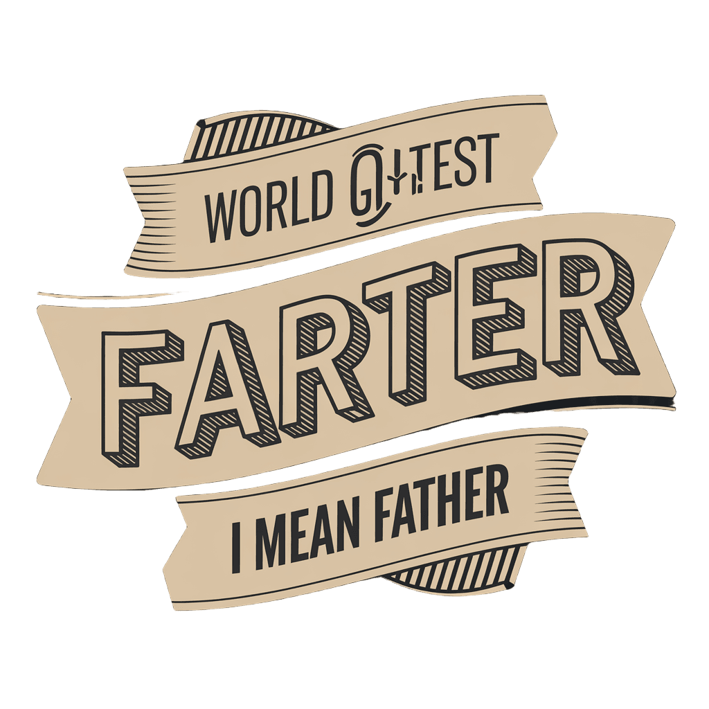 vintage badge reading "WORLDS GREATEST FARTER I MEAN FATHER" retro humor, classic emblem, on black background