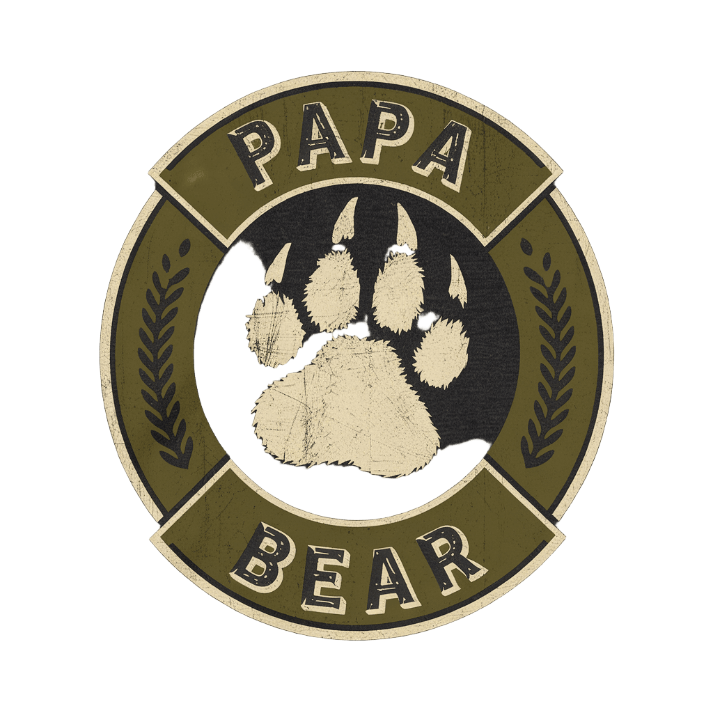 classic emblem reading "PAPA BEAR" with bear paw print, vintage outdoorsy style, on black background, t-shirt design
