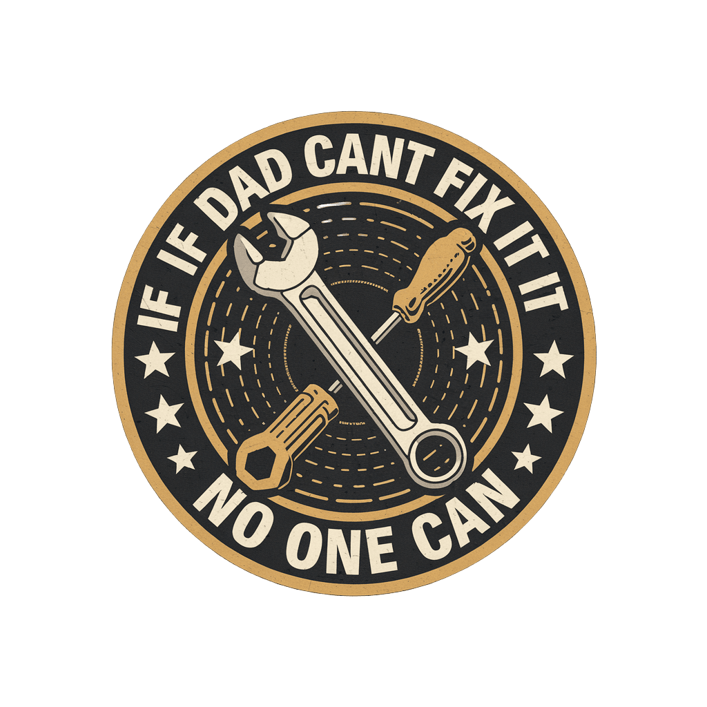 vintage mechanic style badge reading "IF DAD CANT FIX IT NO ONE CAN" with tools, on black background