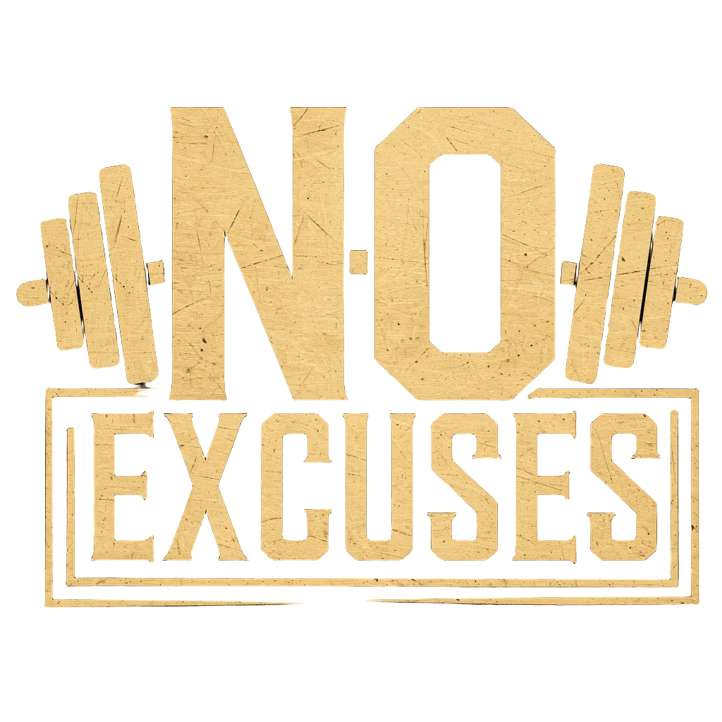 bold graphic design reading "NO EXCUSES" with dumbbell icon, strong typography, clean edges, on black background, t-shirt design