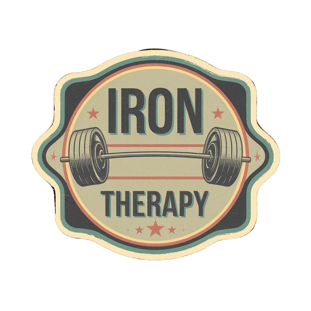 vintage gym badge reading "IRON THERAPY" with barbell illustration, retro athletic style, on black background