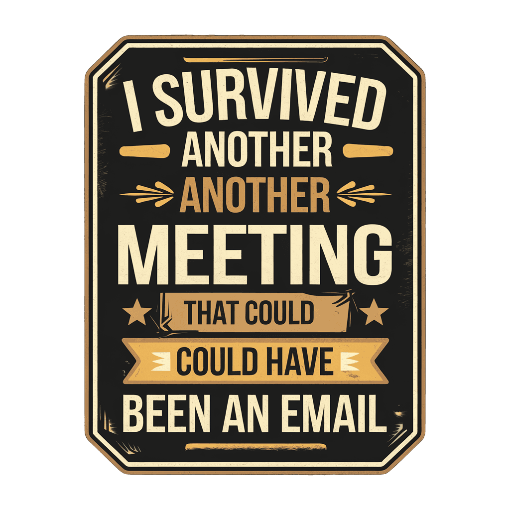 retro badge design reading "I SURVIVED ANOTHER MEETING THAT COULD HAVE BEEN AN EMAIL" vintage office humor, on black background, t-shirt design