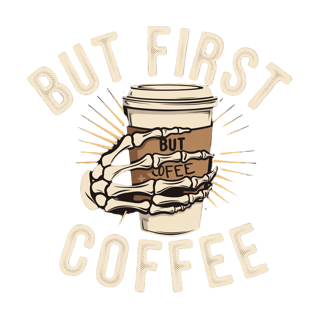 funny design reading "BUT FIRST COFFEE" with skeleton hand holding coffee cup, retro style, on black background