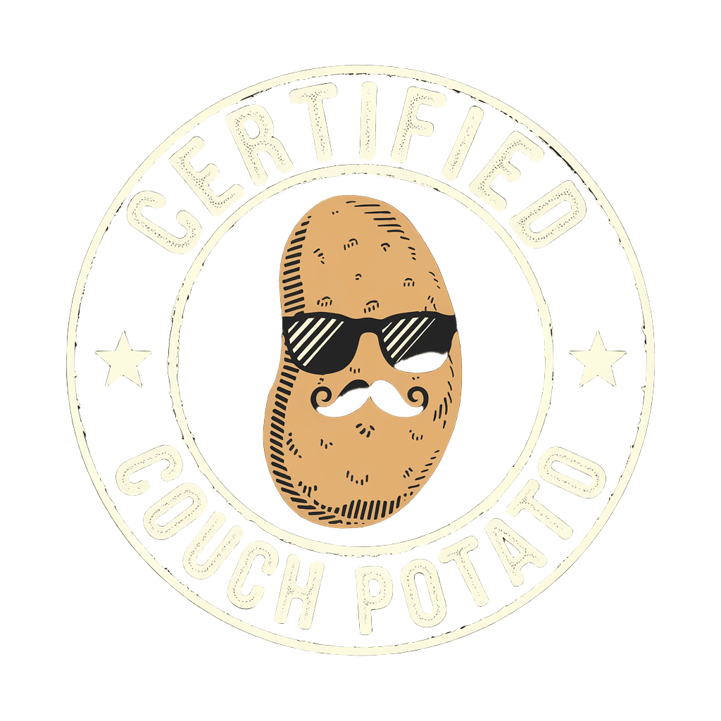 vintage stamp design reading "CERTIFIED COUCH POTATO" with potato illustration, retro humor, on black background