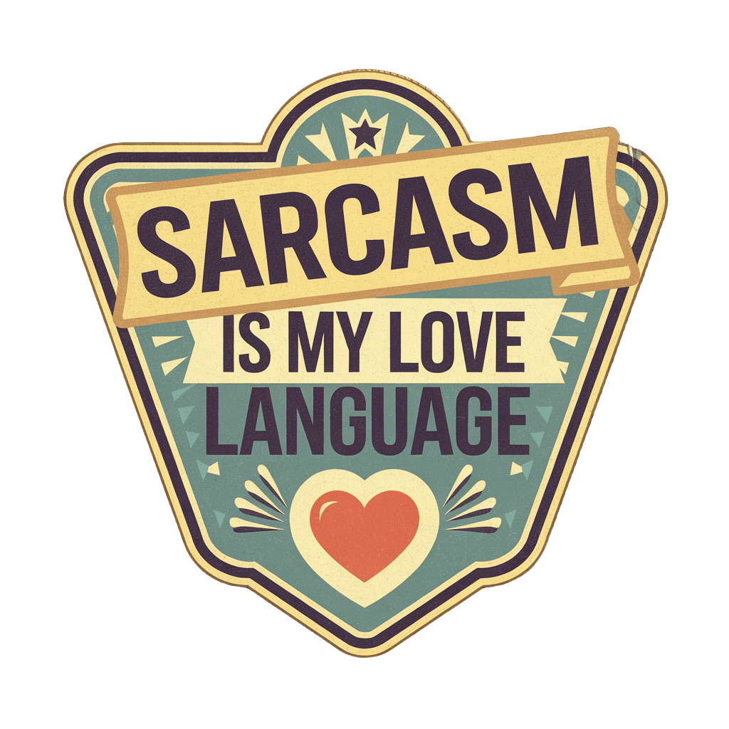 vintage badge reading "SARCASM IS MY LOVE LANGUAGE" with heart icon, retro emblem, on black background