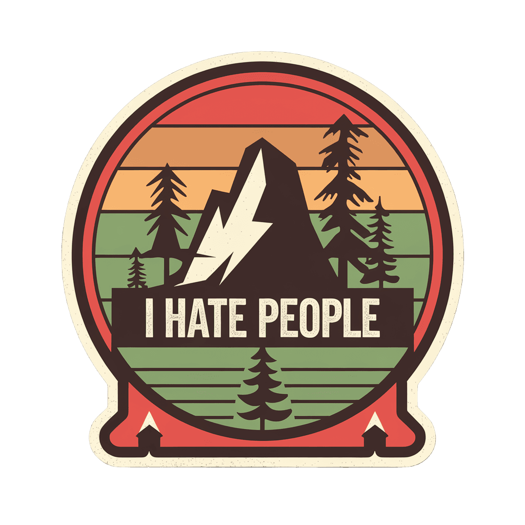 retro camping badge reading "I HATE PEOPLE" with mountain and trees, outdoor humor style, on black background