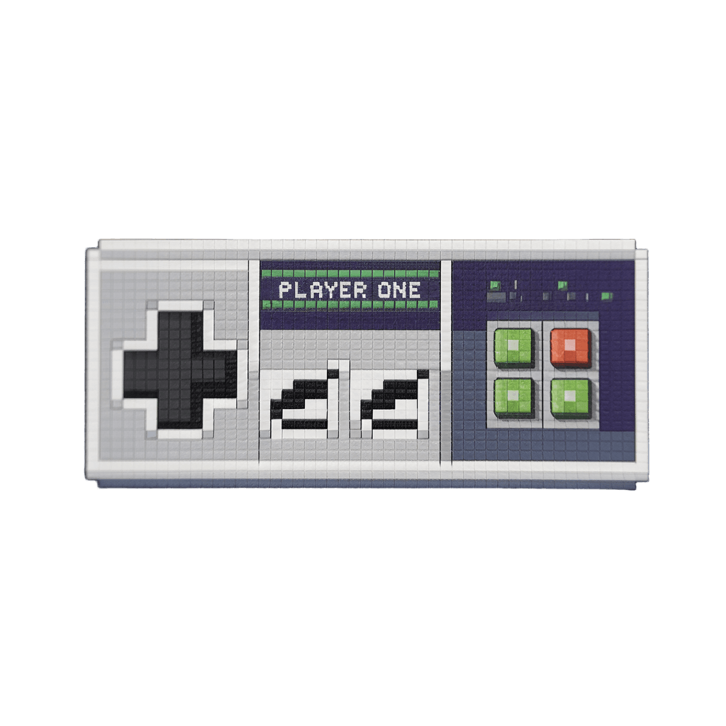 retro pixel art game controller with text "PLAYER ONE" vintage 8-bit style, on black background, t-shirt design
