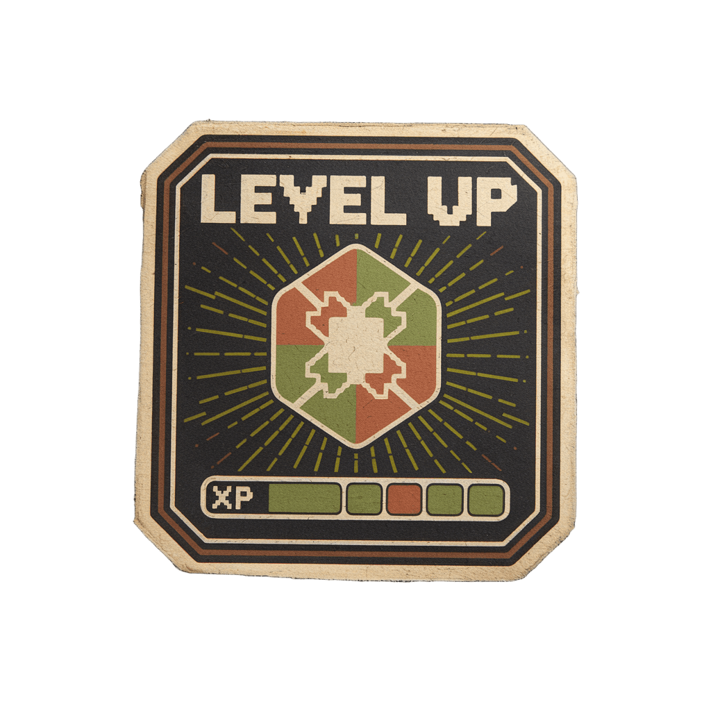 vintage badge reading "LEVEL UP" with XP bar graphic, retro gaming emblem, on black background