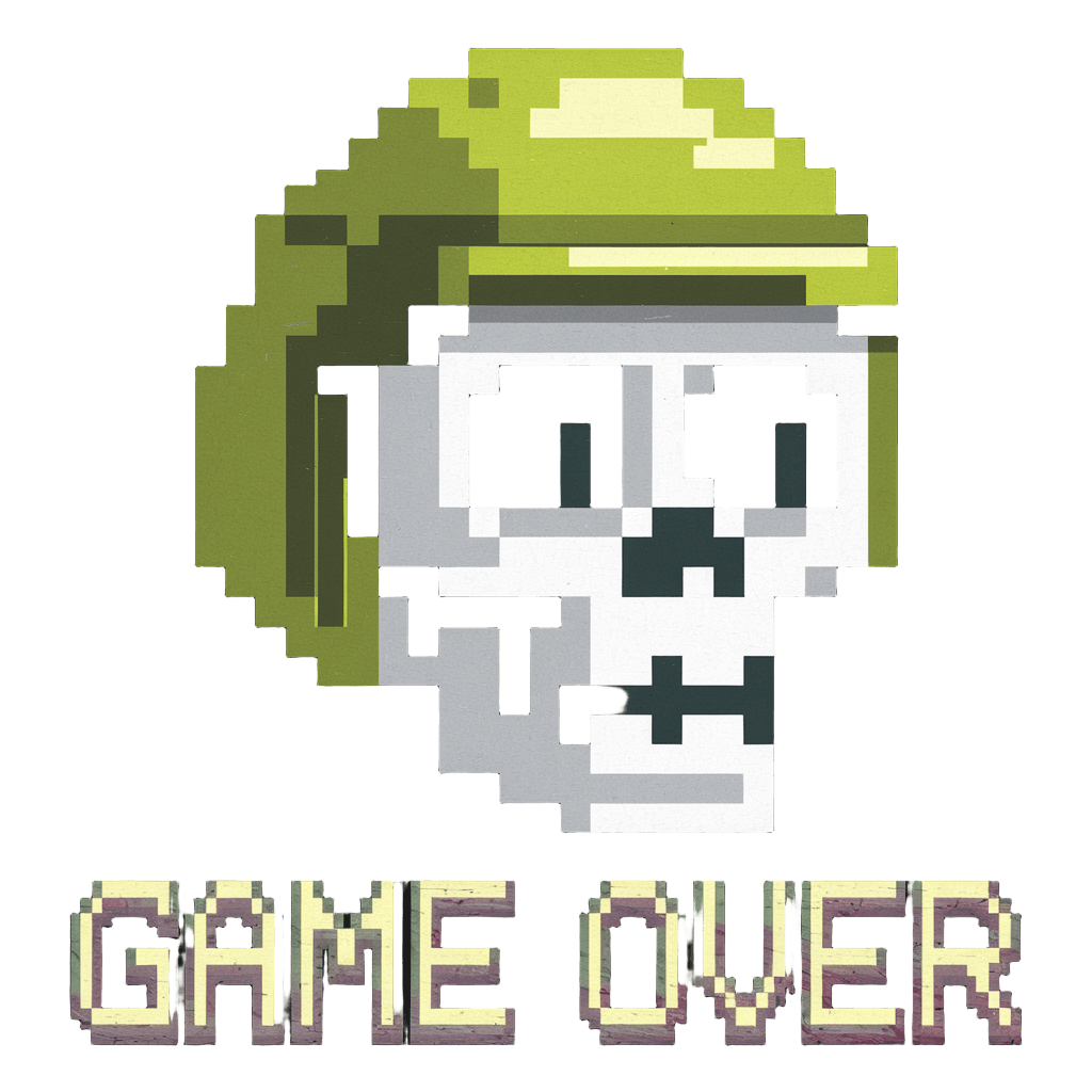 pixel art skull with text "GAME OVER" in retro arcade font, classic gaming style, on black background