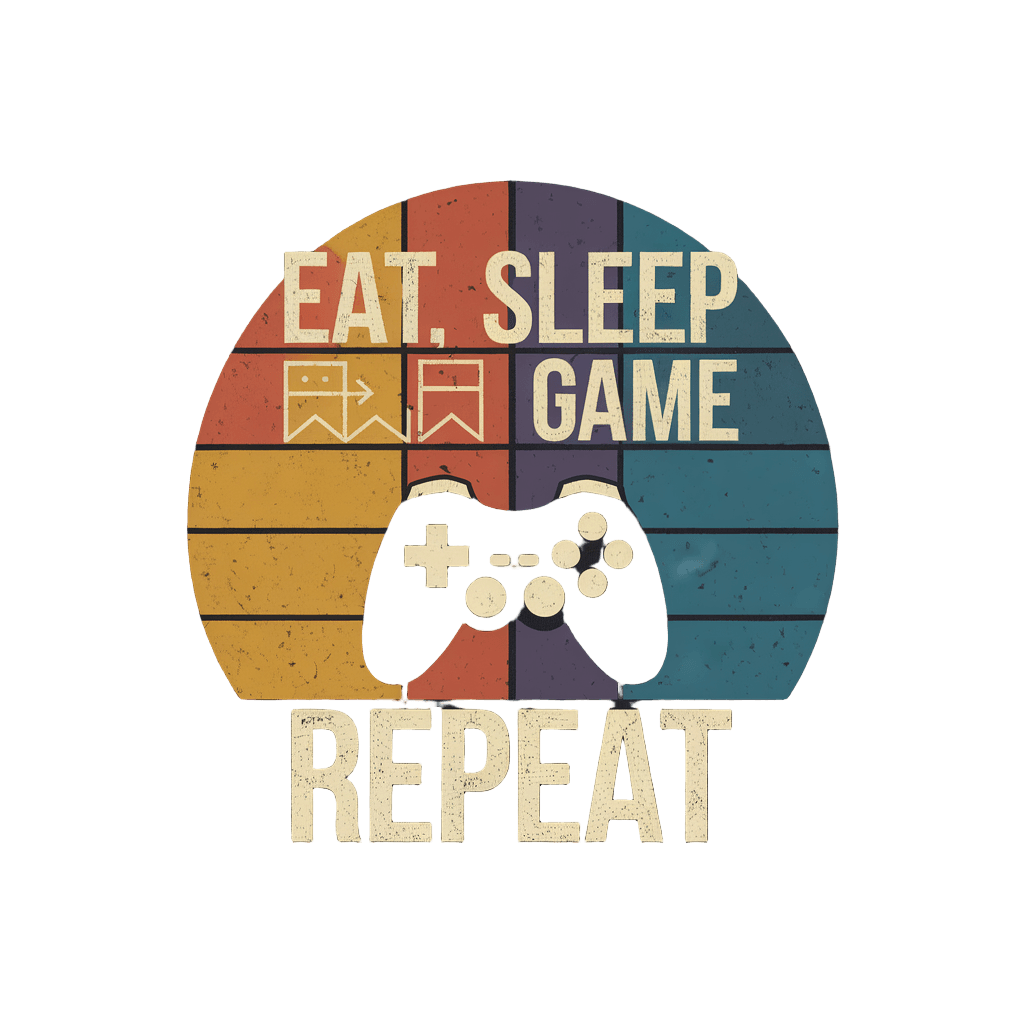 retro badge reading "EAT SLEEP GAME REPEAT" with controller icon, vintage gamer, on black background, t-shirt design