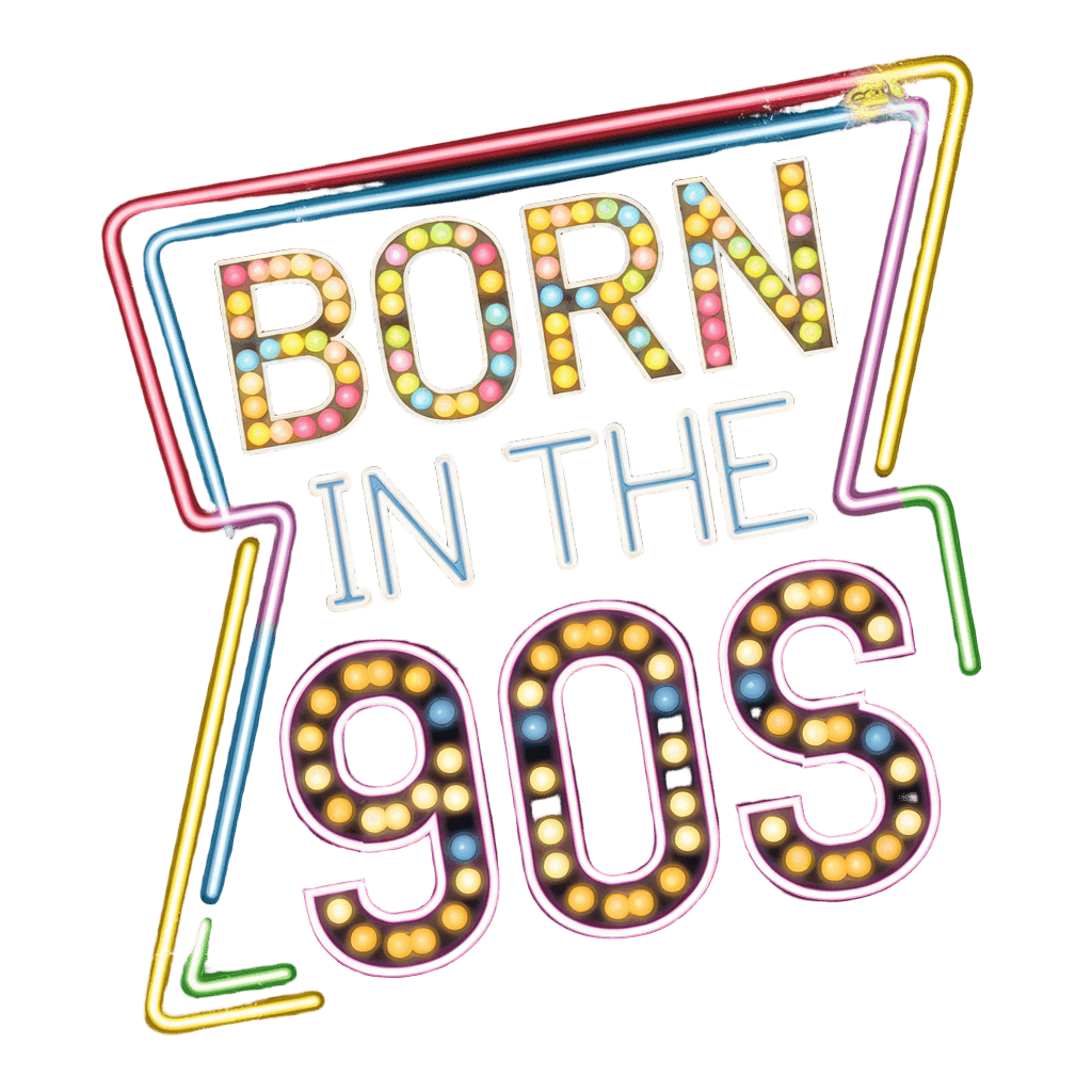 vintage arcade marquee style reading "BORN IN THE 90S" retro neon, gaming aesthetic, on black background