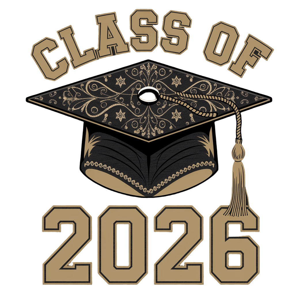 elegant graduation cap with text "CLASS OF 2026" gold and black design, on black background, t-shirt design