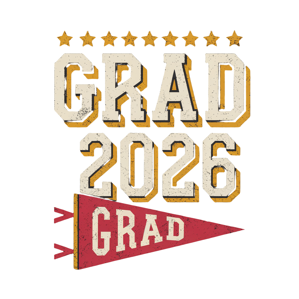 retro style reading "GRAD 2026" with stars and pennant flag, vintage celebration, on black background, t-shirt design