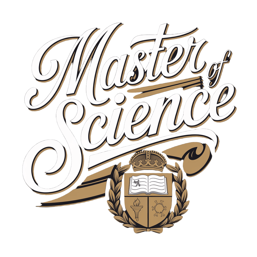 elegant script reading "Master of Science" with academic emblem, professional grad design, on black background, t-shirt design