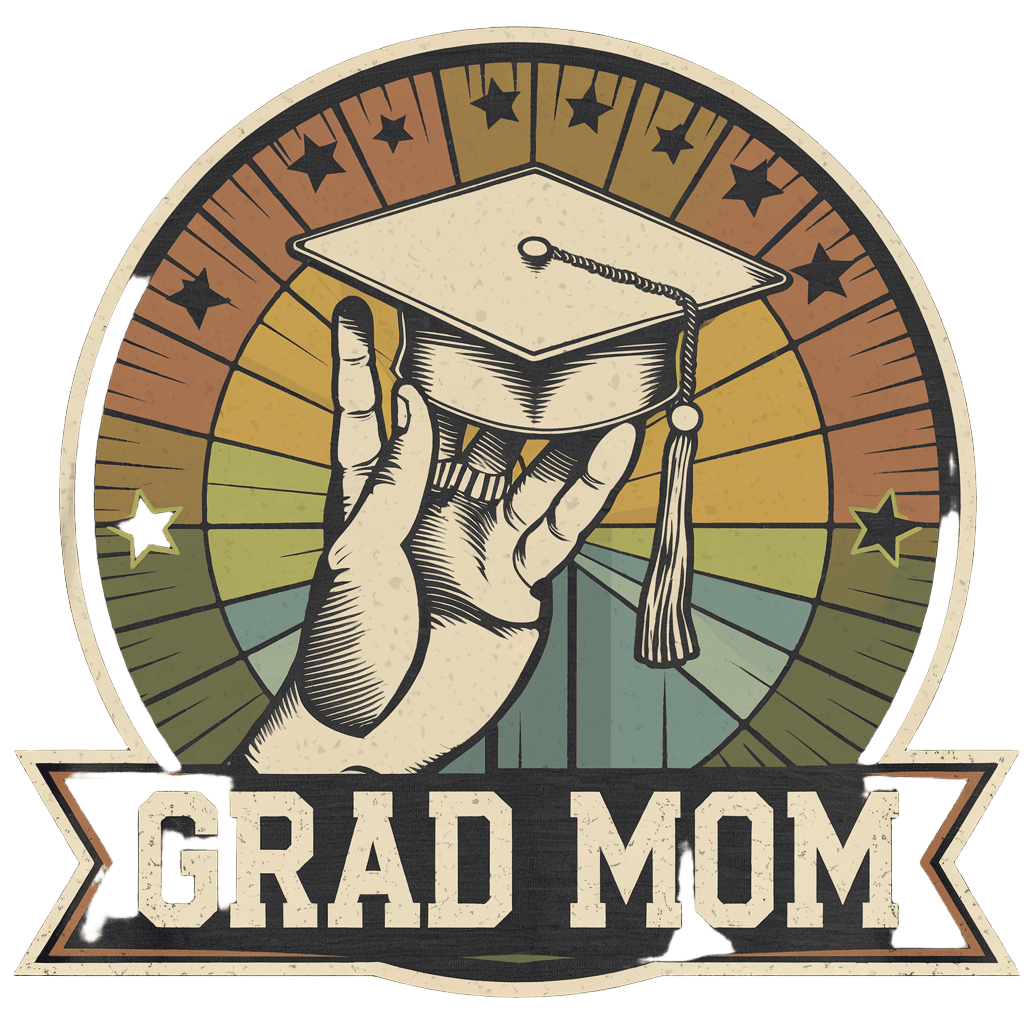 vintage badge reading "PROUD GRAD MOM" with graduation cap, family celebration, on black background, t-shirt design