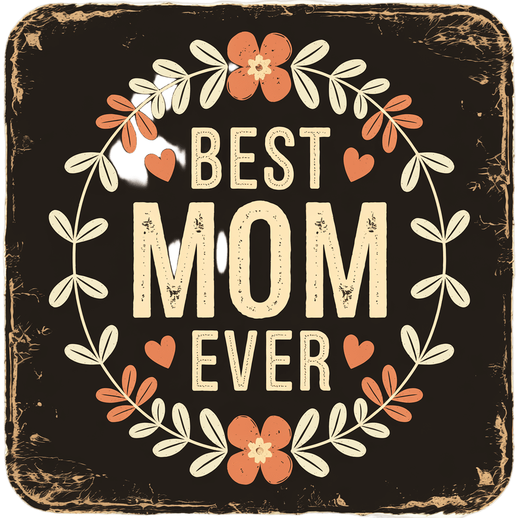 retro vintage badge design reading "BEST MOM EVER" with floral wreath and hearts, warm colors, distressed texture, on black background, t-shirt graphic design