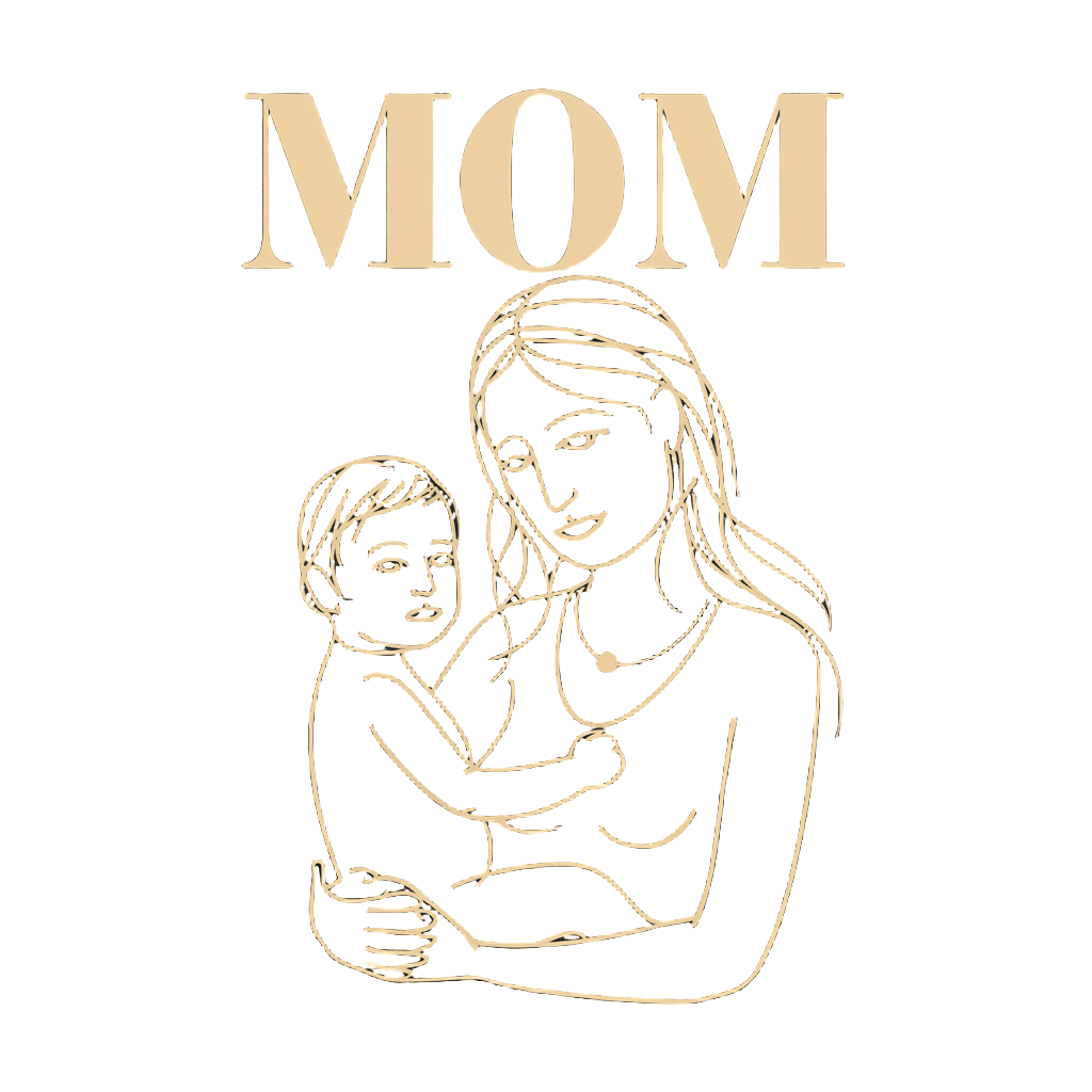 minimalist line art of mother holding child, simple elegant design reading "MOM" in bold serif font, on black background, t-shirt graphic