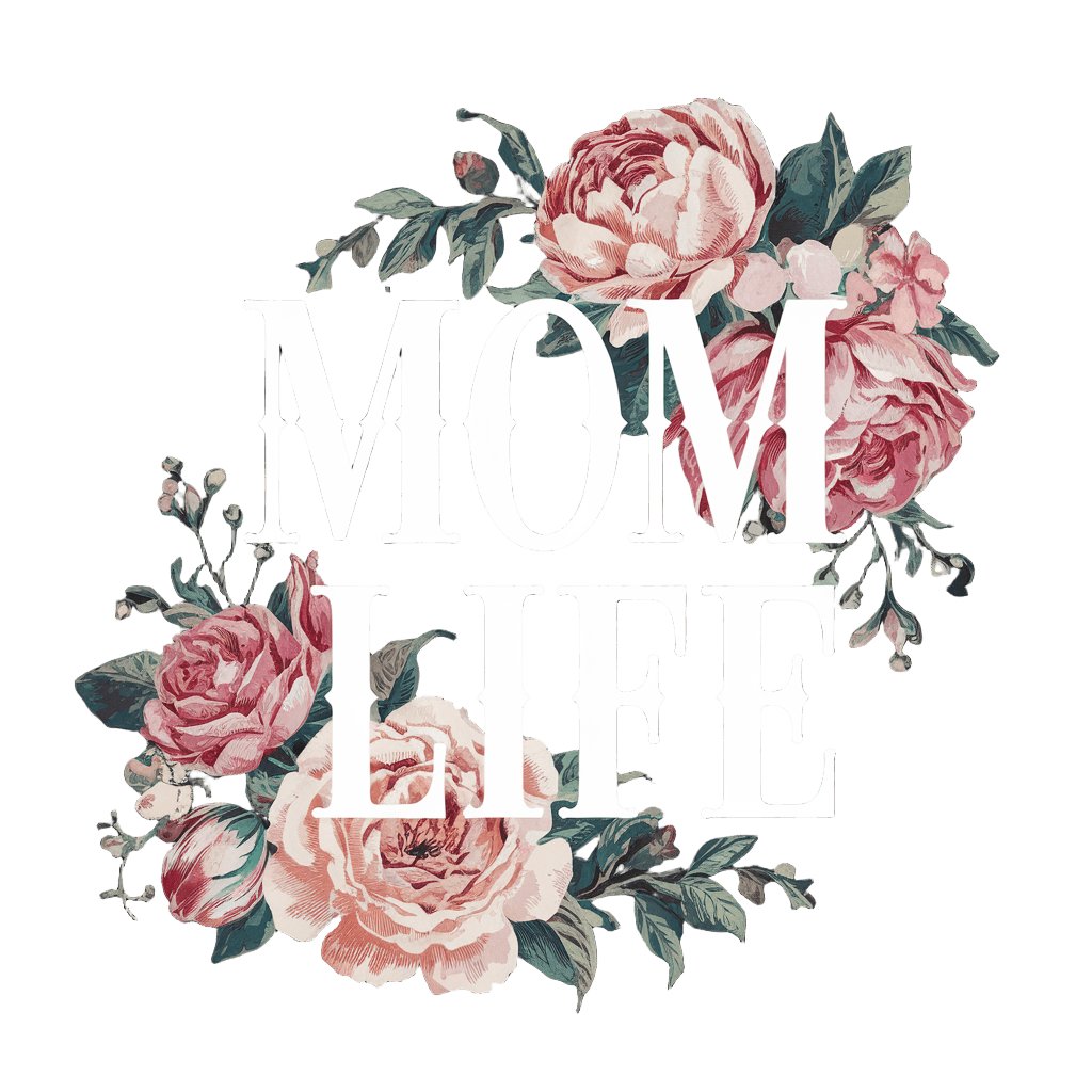 floral typography design reading "Mom Life" with beautiful flower illustrations, hand-drawn style, on black background, t-shirt graphic