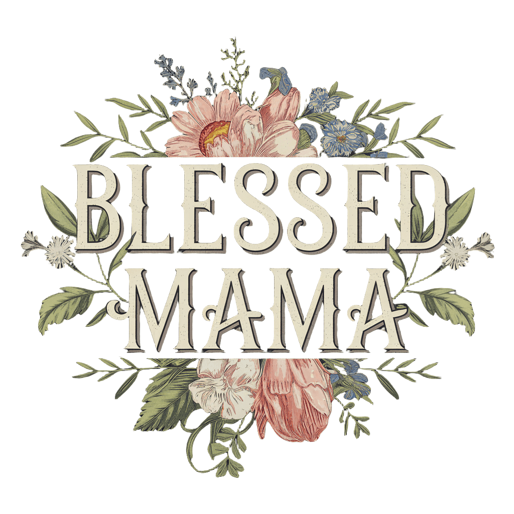 elegant botanical design with text "Blessed Mama" surrounded by wildflowers and leaves, on black background, t-shirt graphic