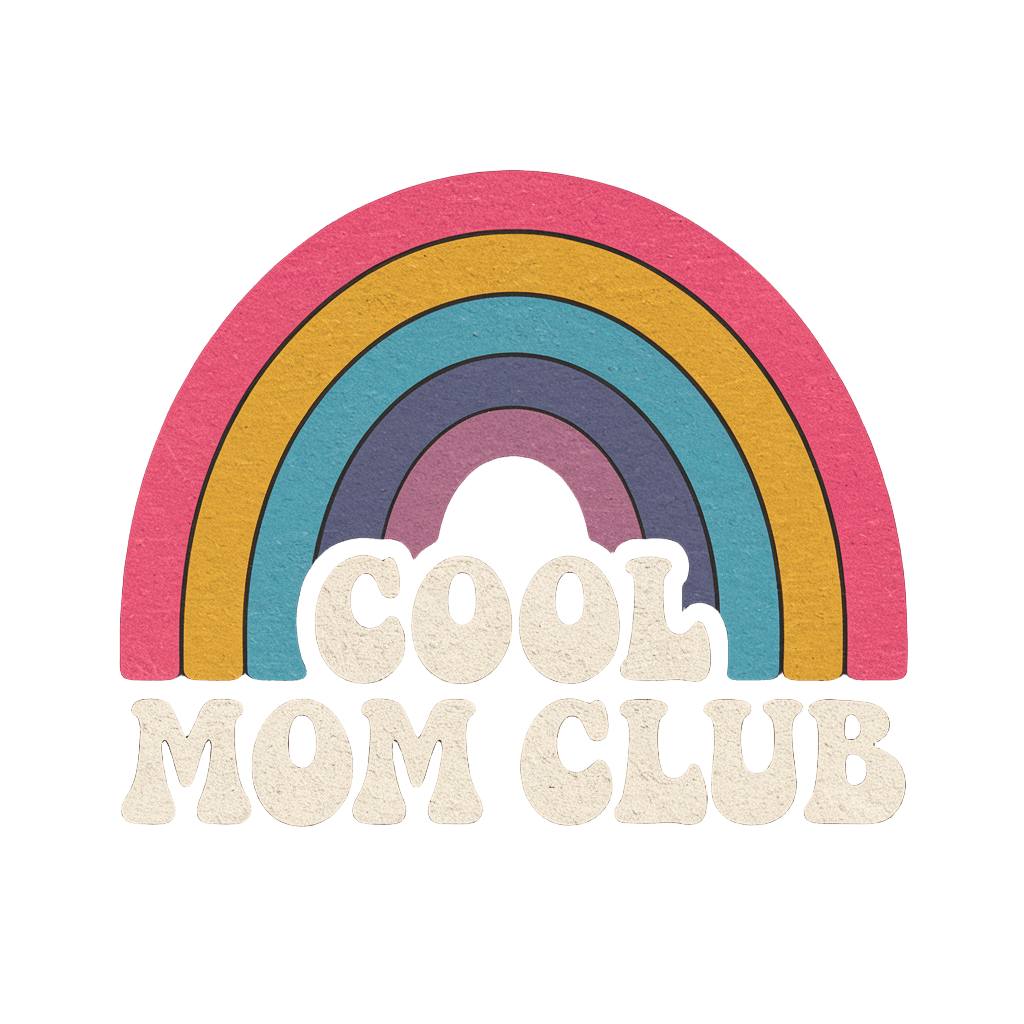 retro rainbow arc design reading "COOL MOM CLUB" in bold 70s font, groovy style, on black background