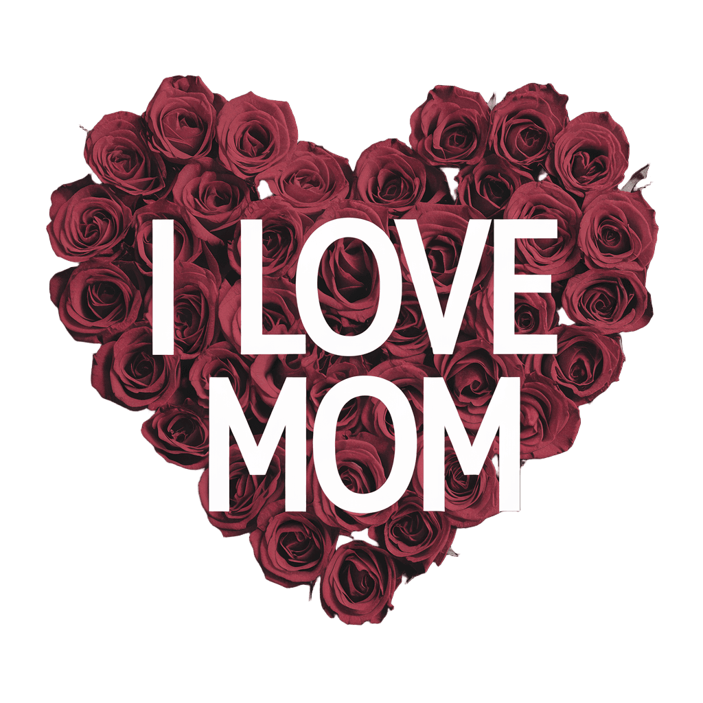 minimalist heart shape made of flowers with text "I Love Mom" clean modern design, on black background, t-shirt graphic