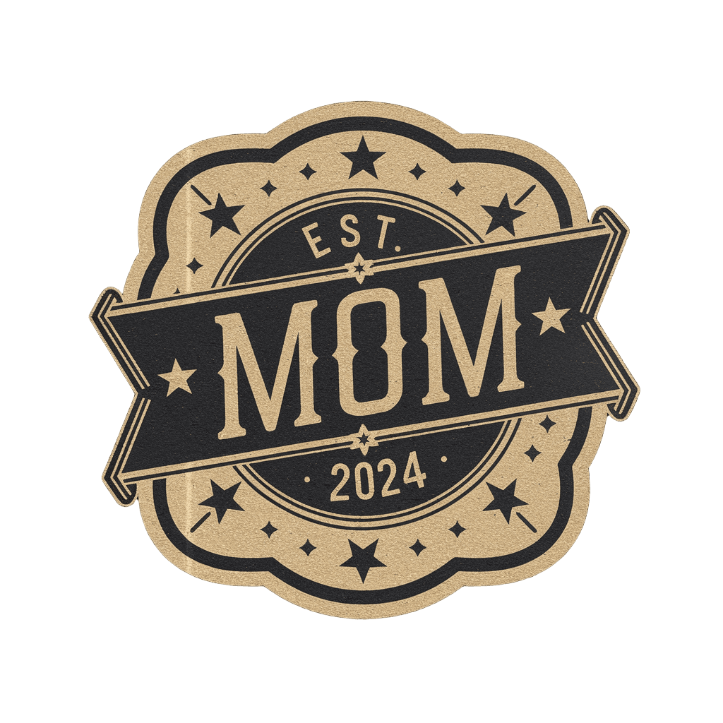 vintage badge reading "MOM EST. 2024" with decorative border and stars, classic emblem style, on black background