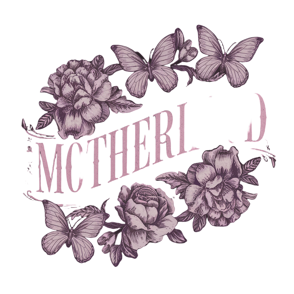 hand-drawn style design reading "Motherhood" with butterflies and flowers, artistic lettering, on black background