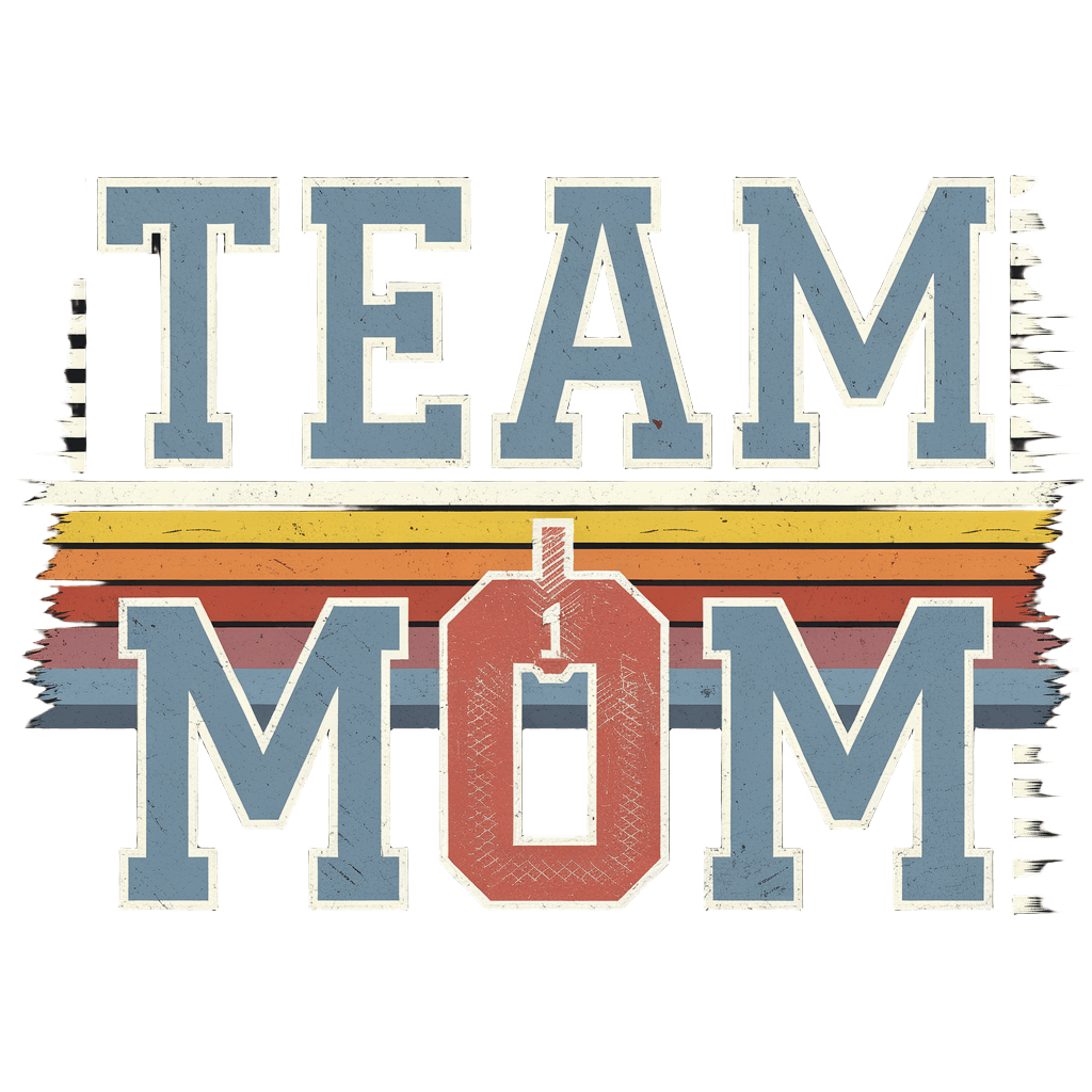 retro sport style design reading "TEAM MOM" with number 1, athletic badge, on black background, t-shirt graphic